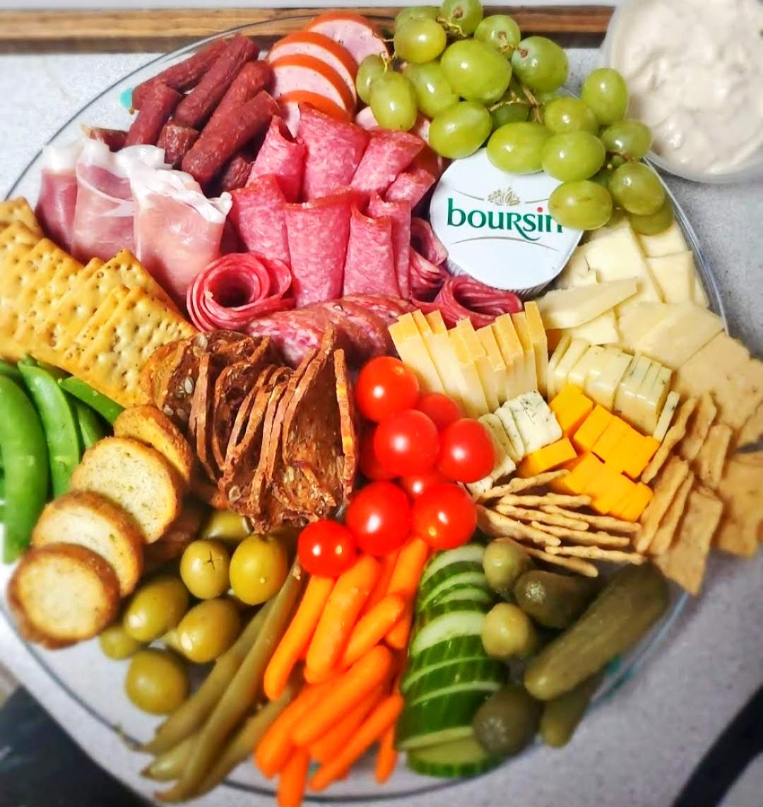 Meat, Cheese, Crackers, pickles, olives & Grapes Platter