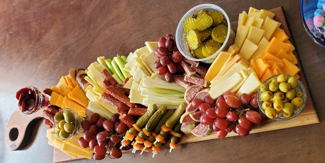 Meat, Cheese, Crackers, pickles, olives & Grapes Platter
